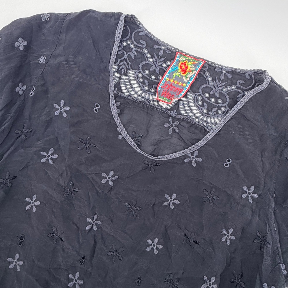 Johnny Was Tunic Women M Black Embroidered Lace Handkerchief Hem Boho Peasant